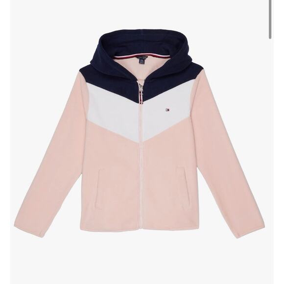 Girls Tommy Hilfiger Pink Blue Jacket Hoodie Full Zip Size Large 12/14 - Picture 1 of 4